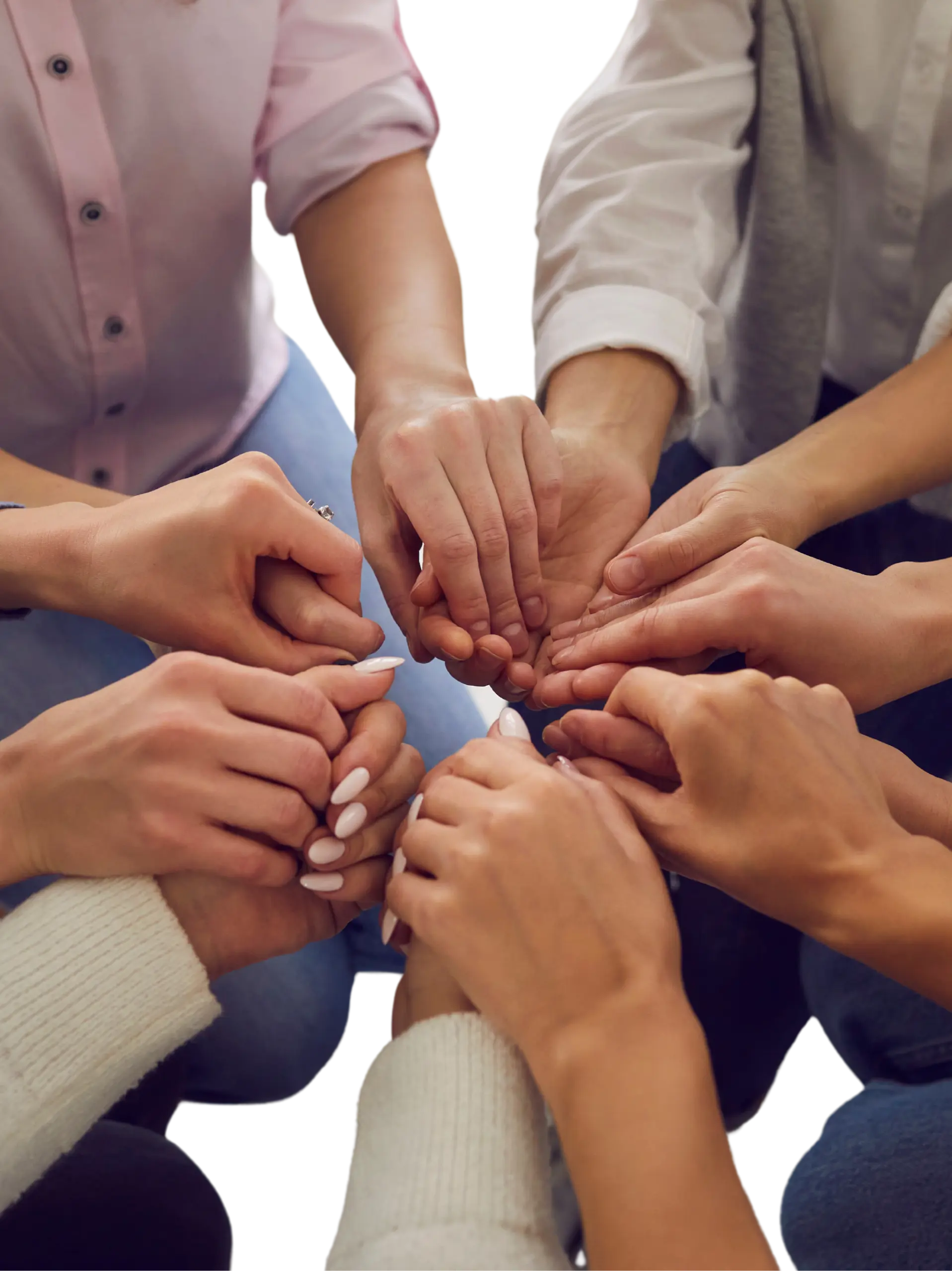 A supportive group holding hands in a circle to demonstrate unity and encouragement for mental health recovery in Hamilton, Ontario.